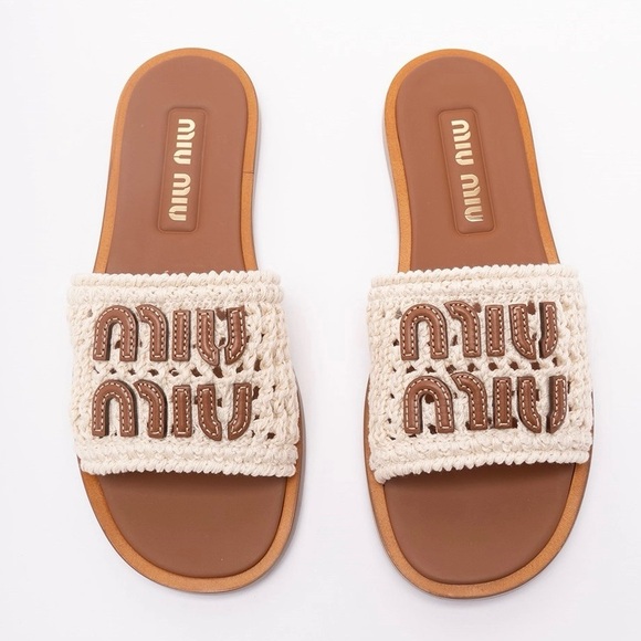 Miu Miu Shoes - MIU MIU logo crochet and leather slides sandals